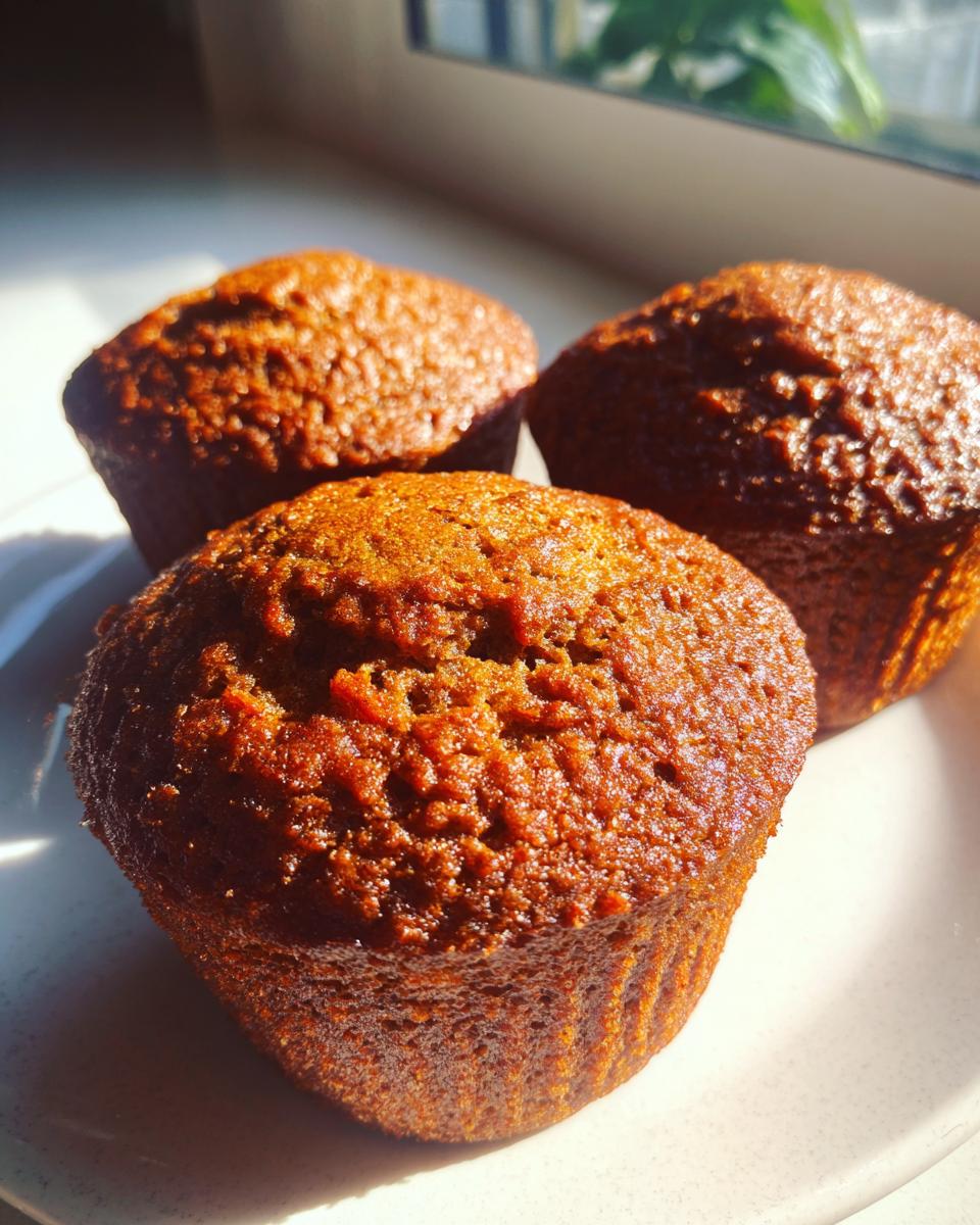Close-up of three golden brown, moist bran muffins sitting on a white plate, illuminated by bright sunlight.