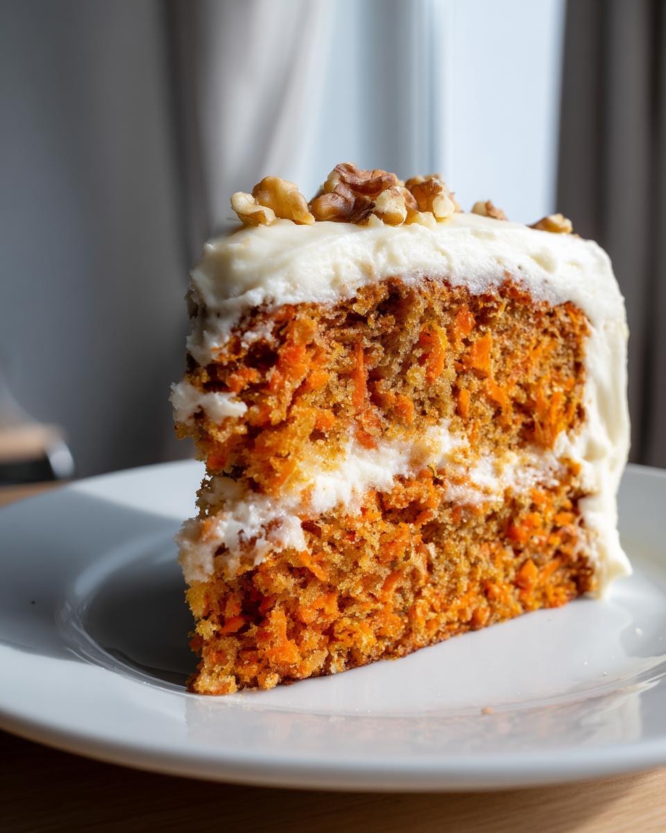 A close-up slice of moist carrot cake recipe layered with cream cheese frosting and topped with walnuts.