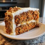 A thick slice of moist carrot cake recipe layered with cream cheese frosting and topped with chopped walnuts.