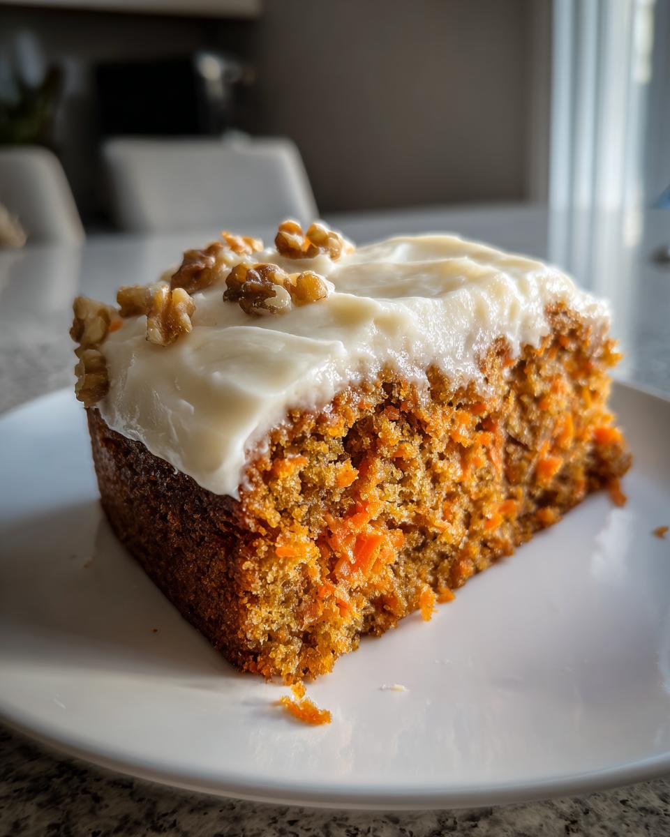 A close-up of a moist slice of carrot cake recipe topped with thick cream cheese frosting and walnuts.