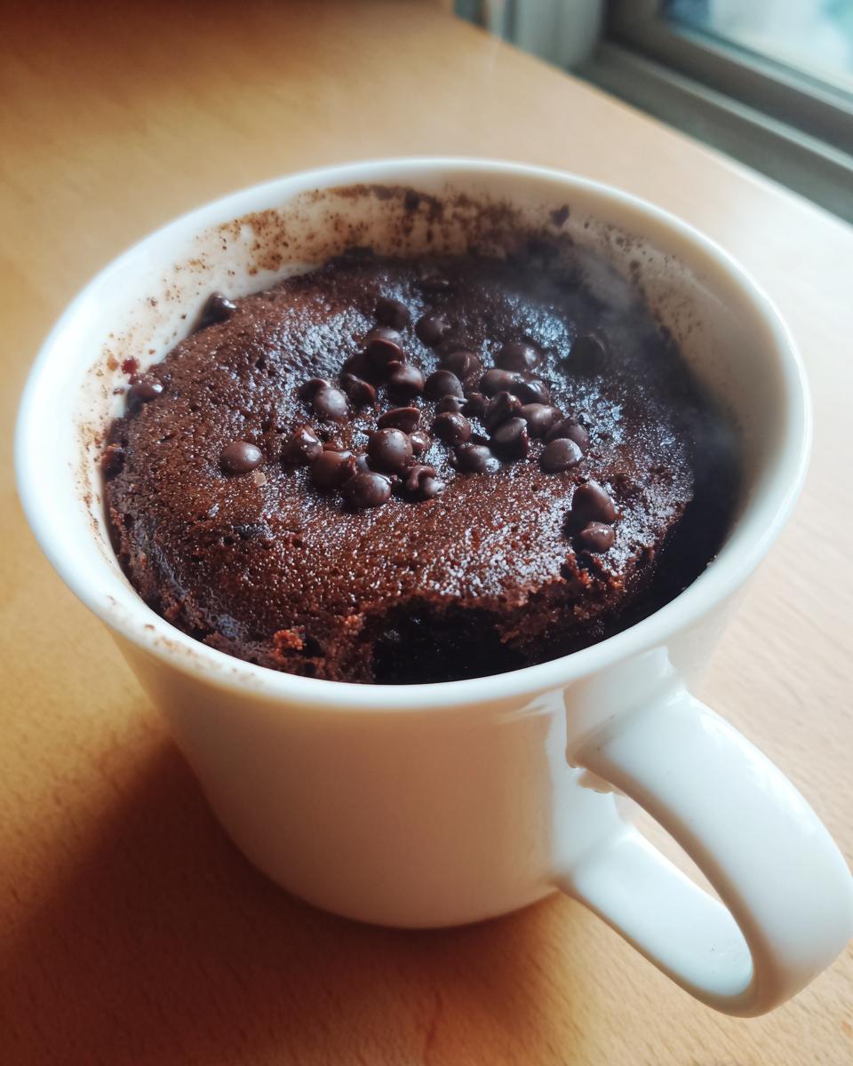 A freshly baked, moist chocolate mug cake topped with chocolate chips inside a white mug.
