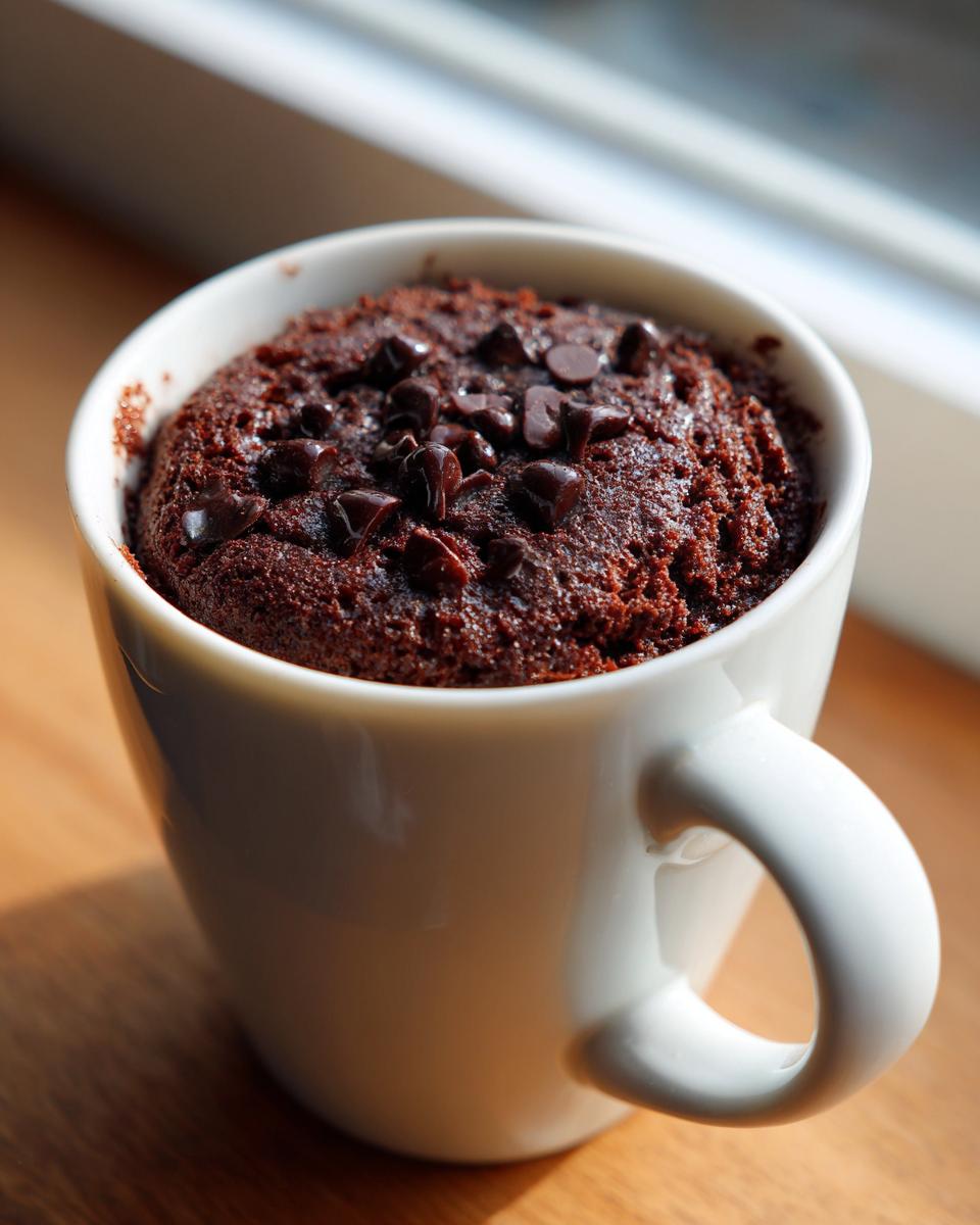 Close-up of a freshly baked chocolate mug cake topped with chocolate chips, sitting in a white mug.