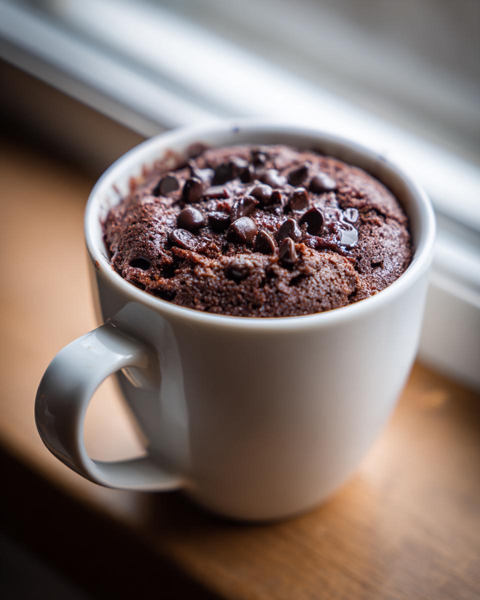 Close-up of a moist chocolate mug cake topped generously with chocolate chips, ready to eat.