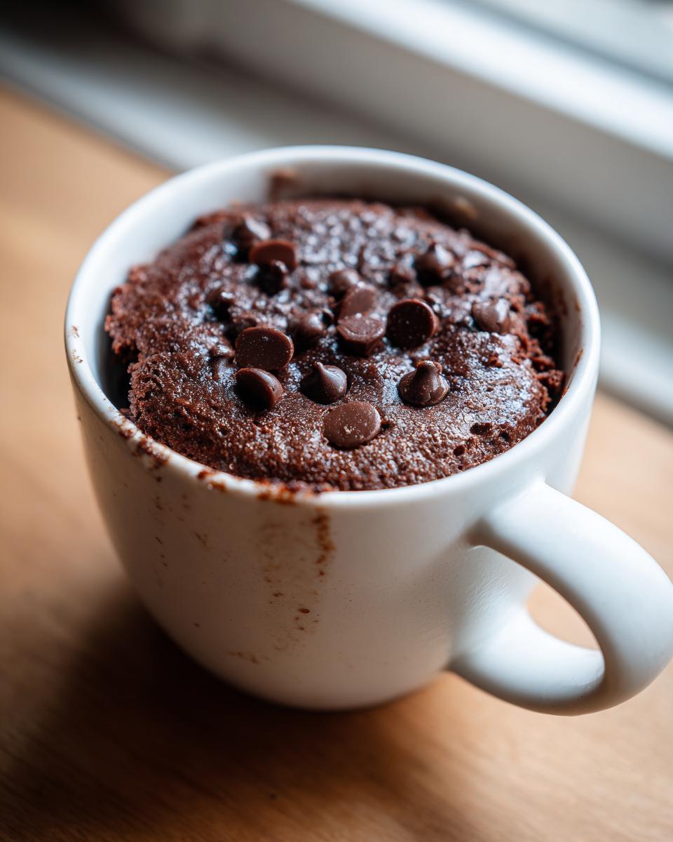Close-up of a moist chocolate mug cake topped with melted chocolate chips, ready to eat.