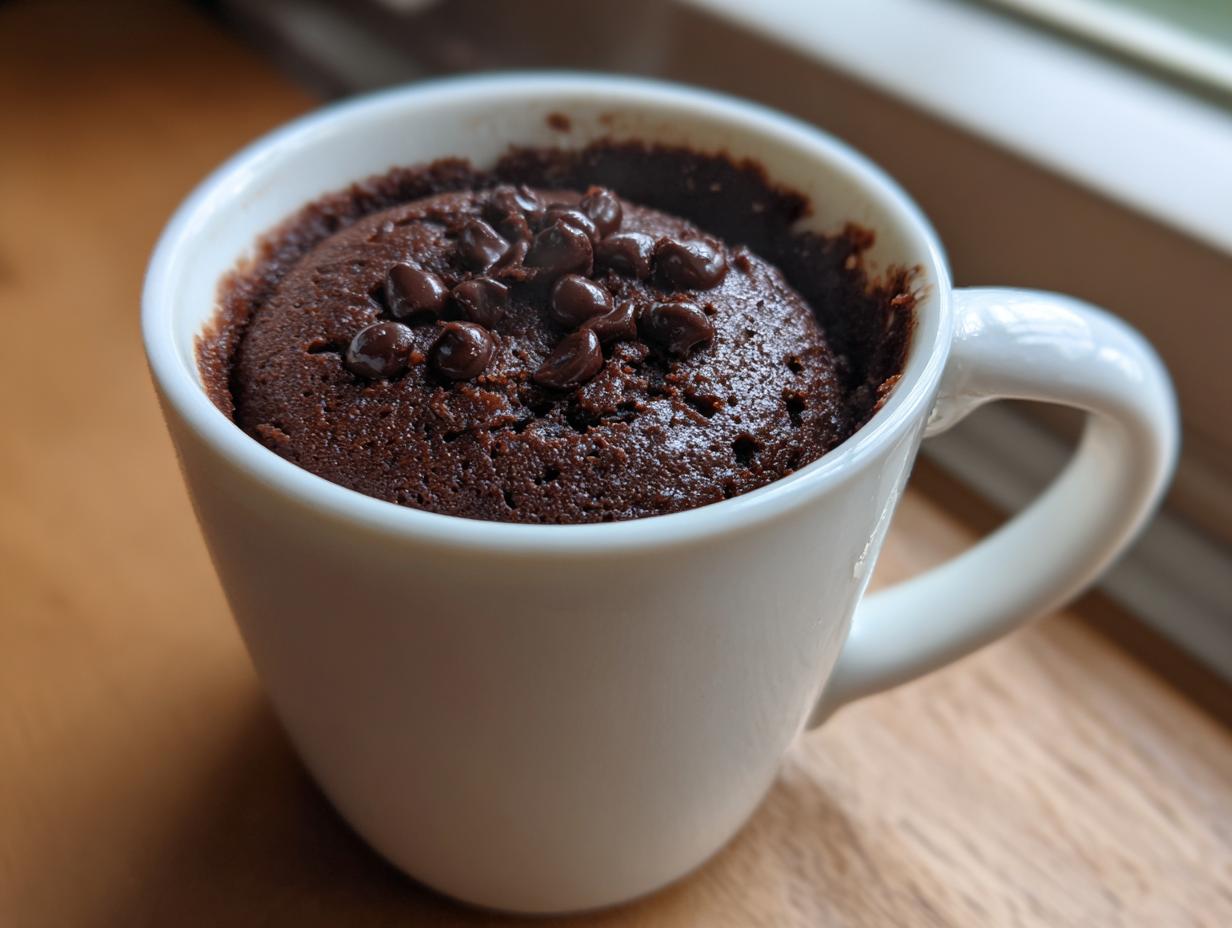 Close-up of a freshly baked chocolate mug cake topped with chocolate chips inside a white mug.