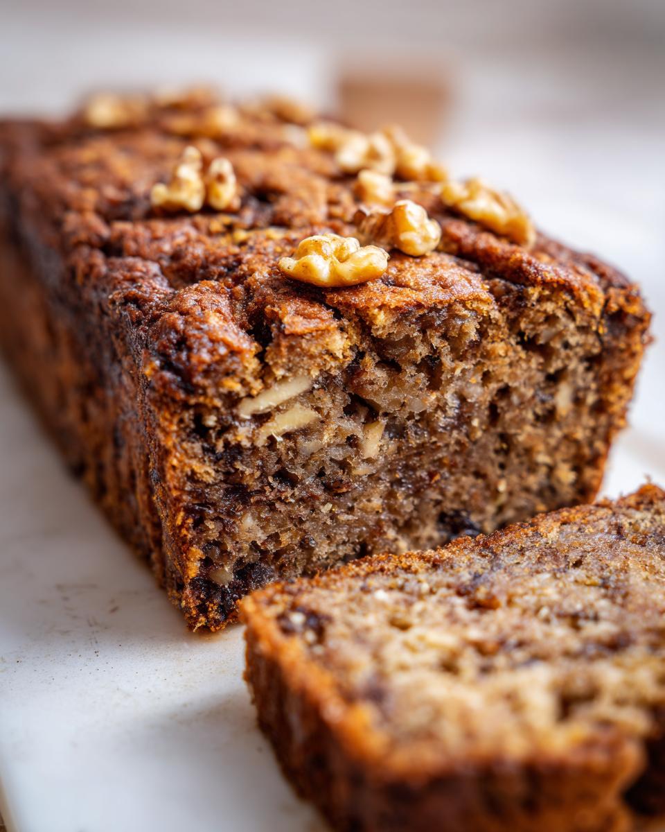 Close-up of a moist date nut bread loaf with a slice cut, topped with walnuts.