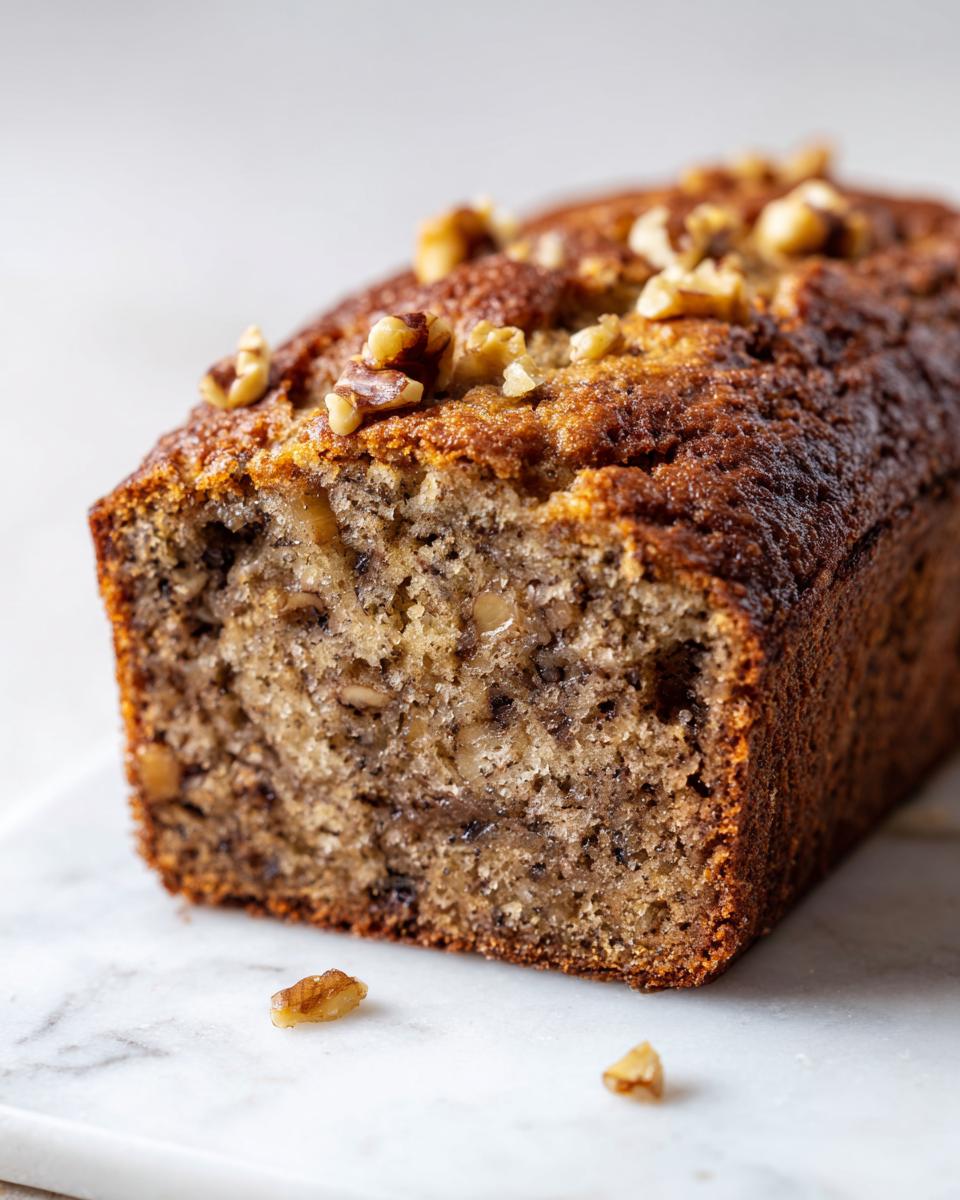 Close-up of a moist loaf of date nut bread, topped with chopped walnuts, resting on a white marble surface.