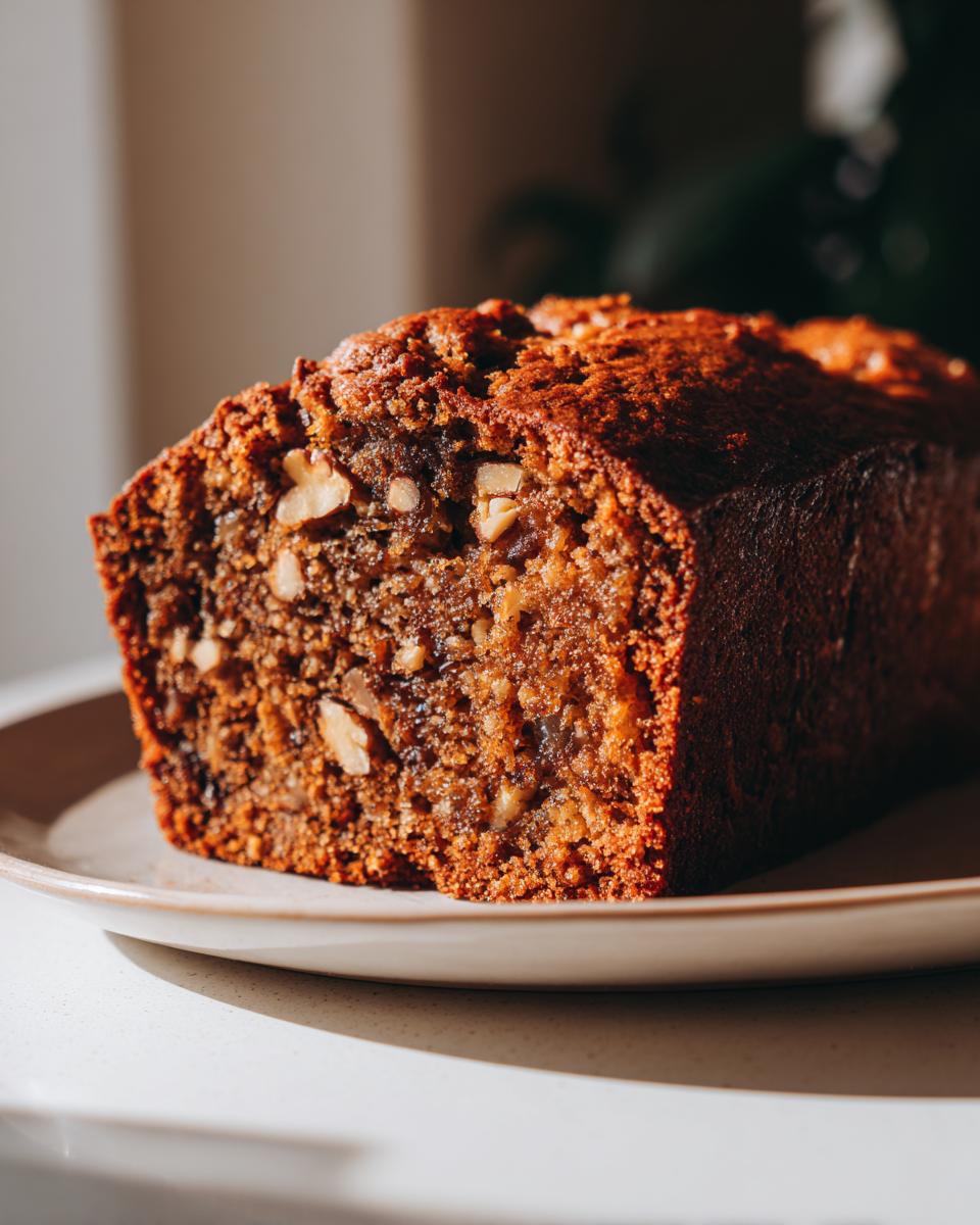 A close-up, cross-section view of a moist date nut bread loaf showing visible nuts and rich brown color.