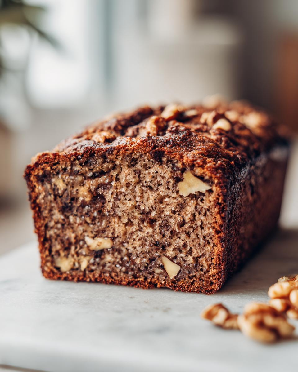 Close-up of a moist slice of date nut bread showing rich texture and visible walnuts throughout.