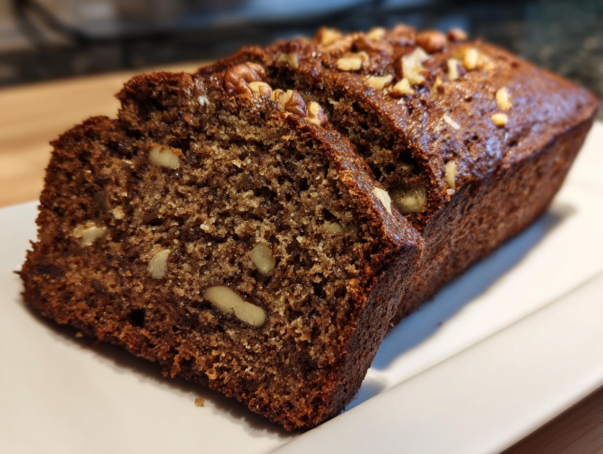 Close-up of moist date nut bread loaf, sliced to show walnuts inside and on top.