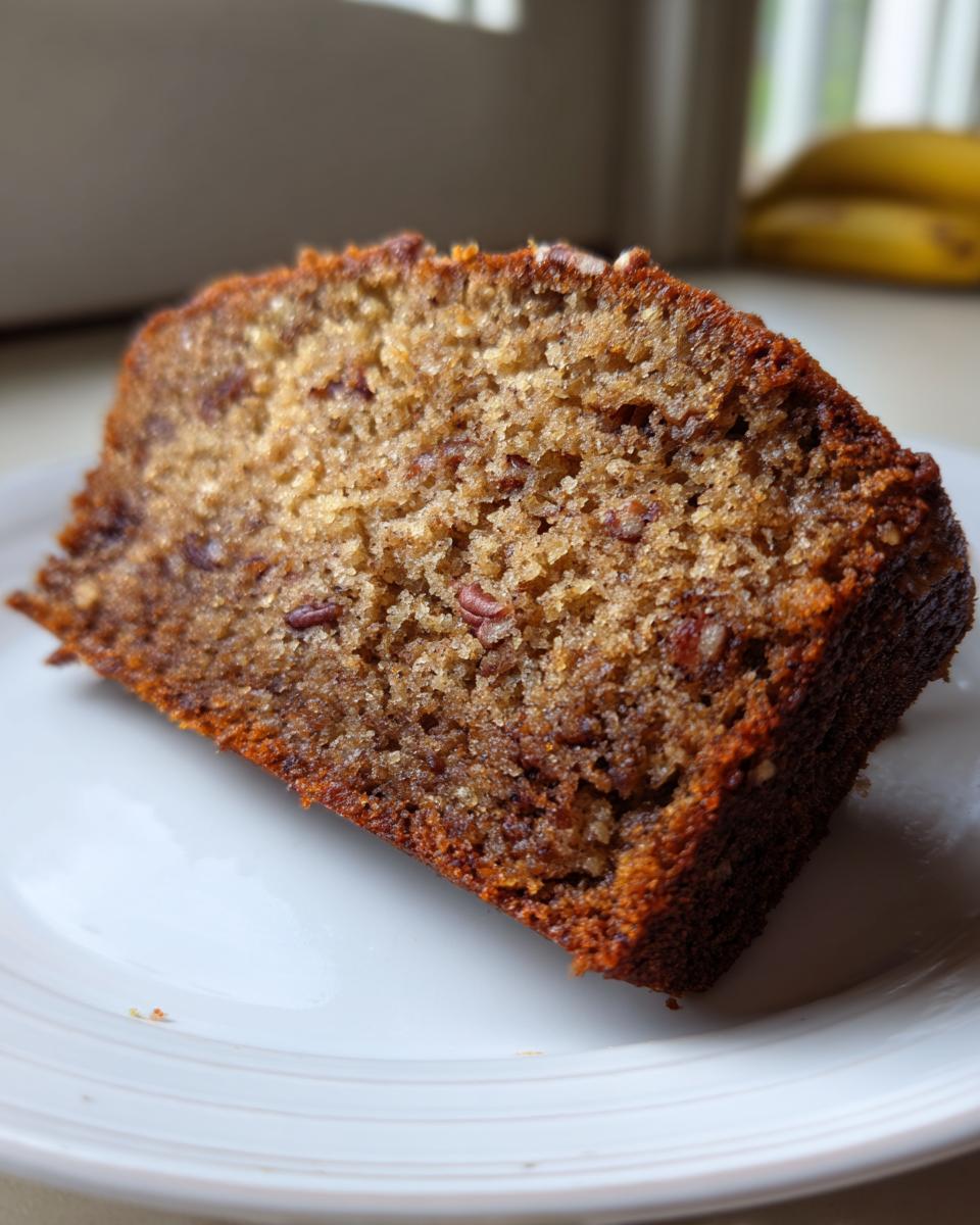 Close-up of a moist slice of sugar free banana bread with visible nuts, served on a white plate.