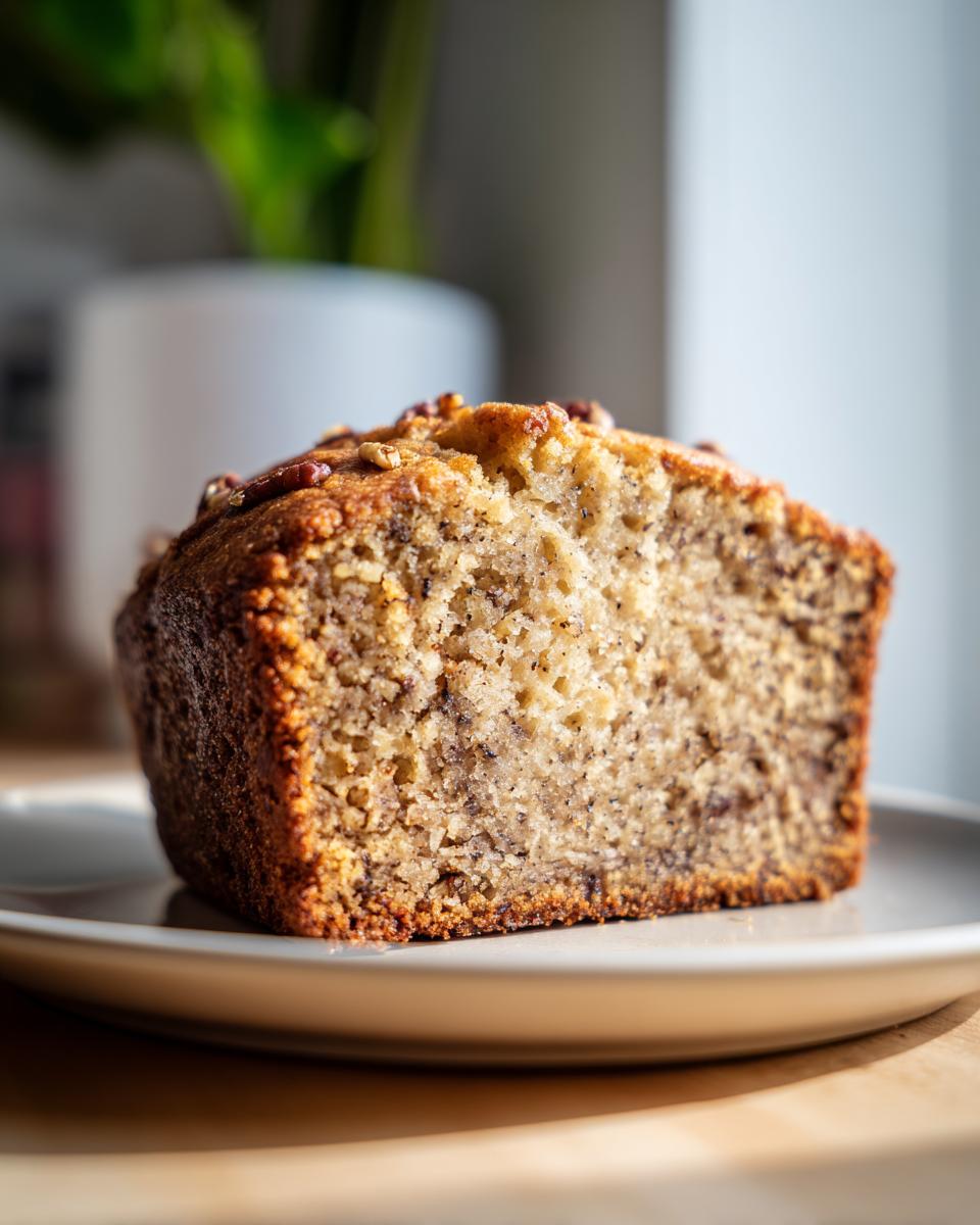 Close-up of a moist slice of sugar free banana bread topped with pecans on a light plate.