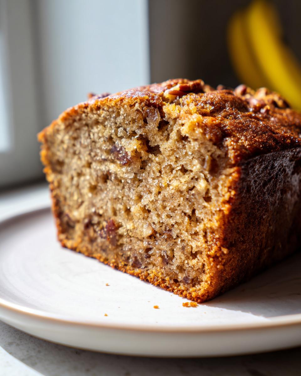 Close-up of a moist slice of sugar free banana bread showing the crumb texture and nuts on top.