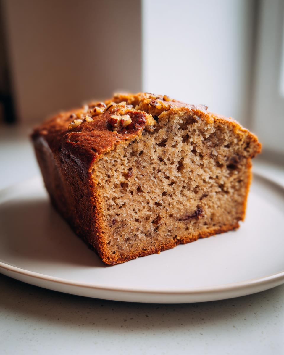 A close-up of a moist slice of sugar free banana bread topped with chopped pecans on a light plate.