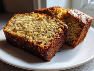 Close-up of two moist slices of sugar free banana bread with dark crust and visible banana speckles, served on a white plate.