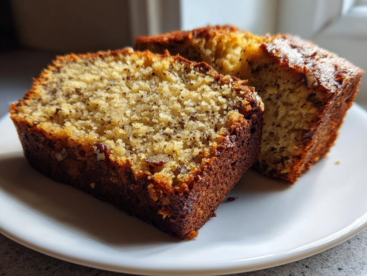 Close-up of two moist slices of sugar free banana bread with dark crust and visible banana speckles, served on a white plate.