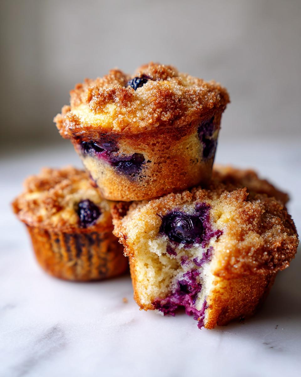 Three delicious blueberry muffins stacked, one bitten into, showing moist interior and sugary crumb topping.