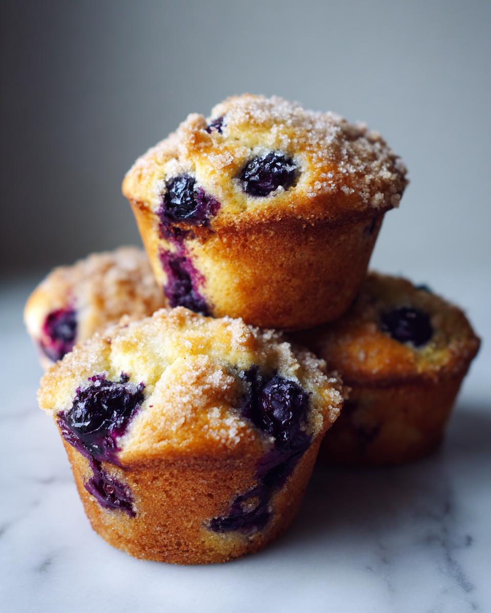 A stack of four golden brown blueberry muffins topped with coarse sugar crystals.