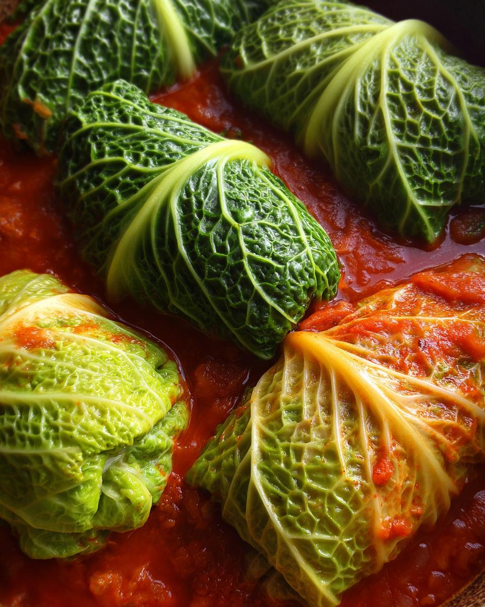 Close-up of four uncooked cabbage rolls wrapped in textured green leaves simmering in a rich red tomato sauce.