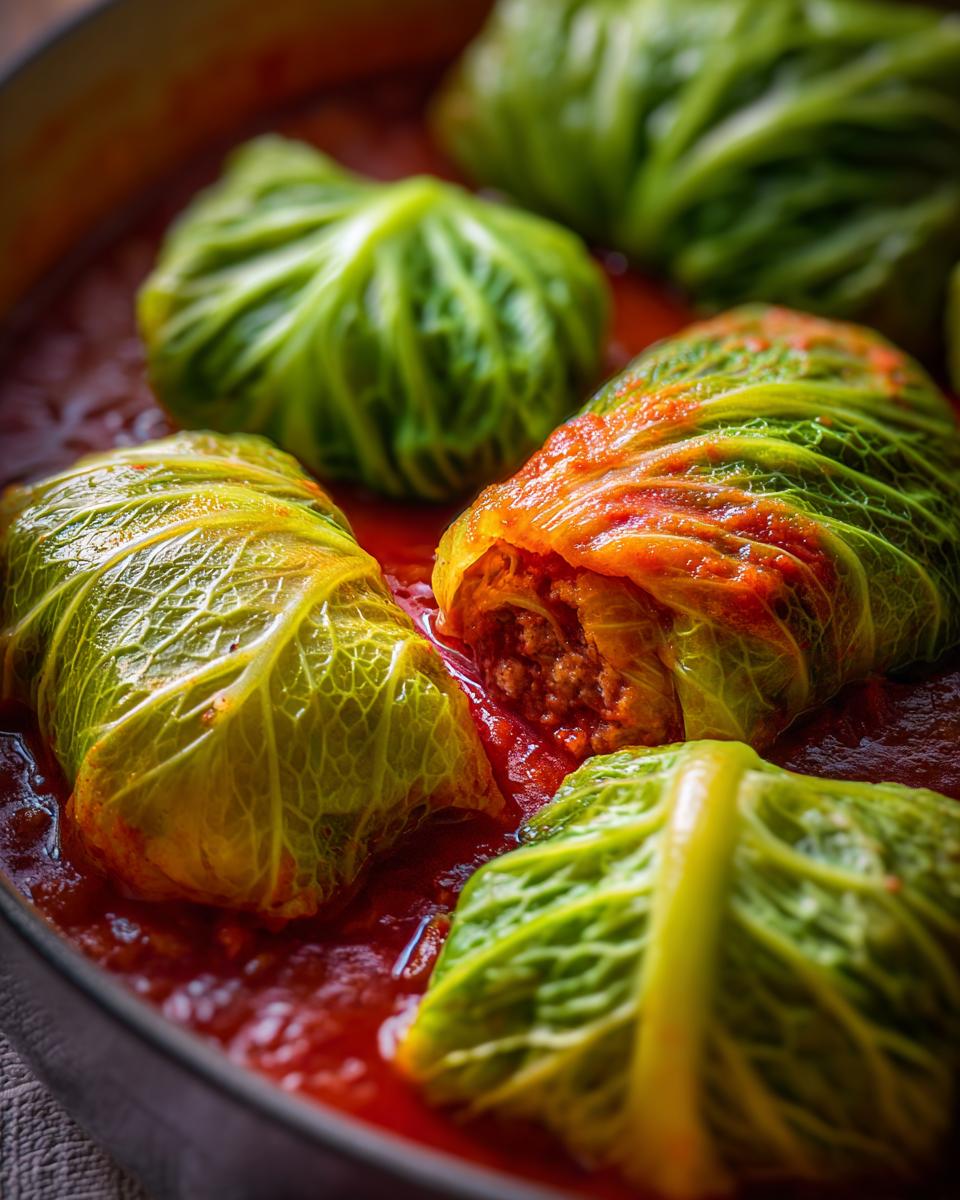 Close-up view of several savory cabbage rolls simmering in a rich, red tomato sauce in a dark pot.
