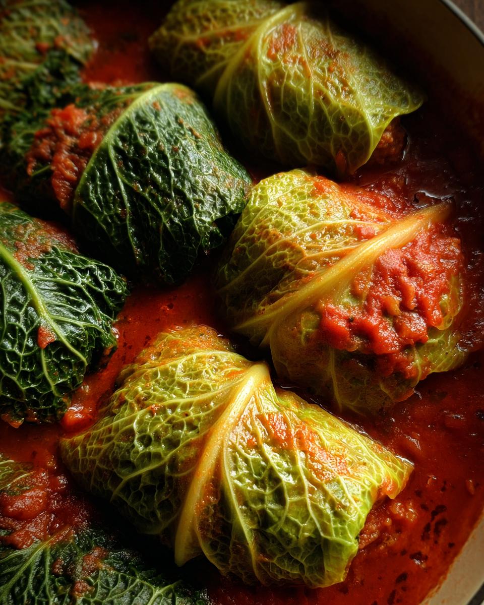 Close-up view of several homemade cabbage rolls simmering in a rich, red tomato sauce in a pot.