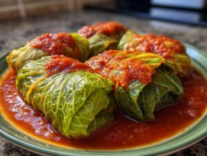 Close-up of several homemade cabbage rolls simmered in a rich tomato sauce on a green plate.