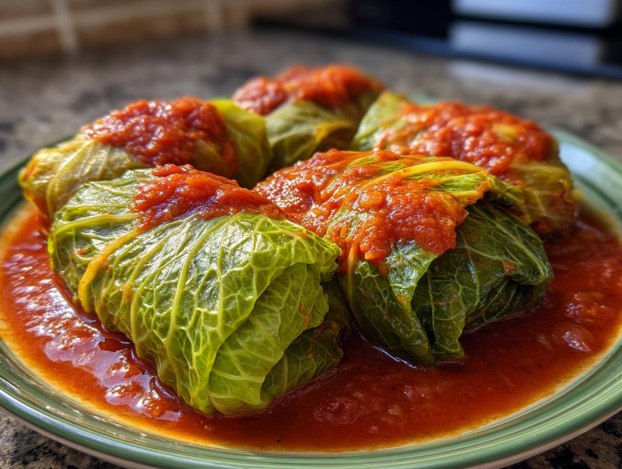 Close-up of several homemade cabbage rolls simmered in a rich tomato sauce on a green plate.