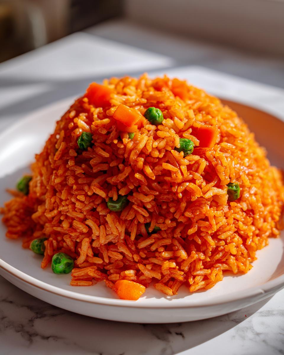 A perfectly molded serving of bright orange Spanish rice mixed with green peas and diced carrots on a white plate.