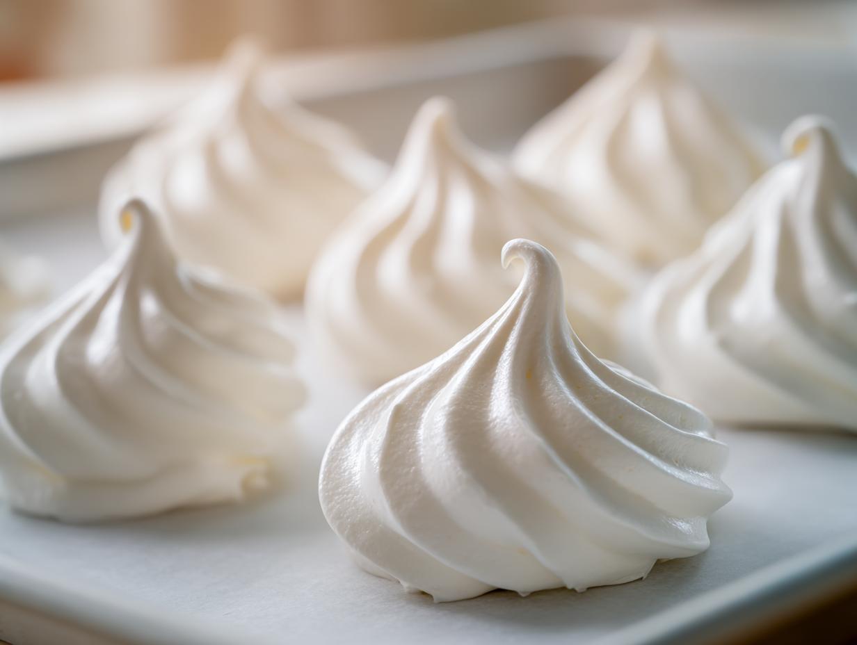 Close-up of perfectly piped white meringue cookies on a baking sheet, ready to bake.