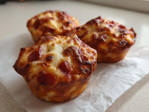 Close-up of three freshly baked pizza muffins topped with melted, browned cheese and pepperoni slices.