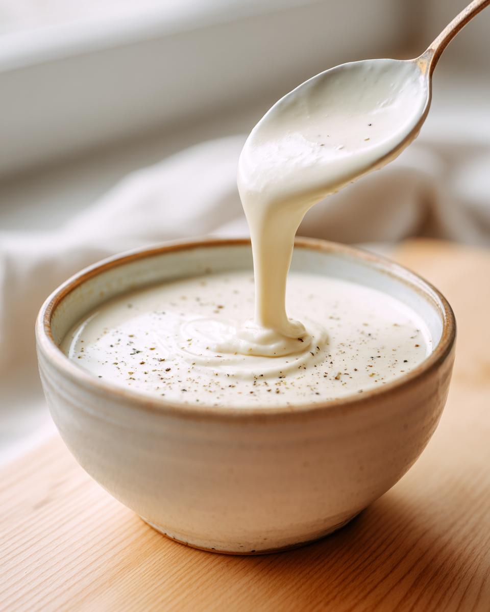 A spoonful of rich, creamy homemade alfredo sauce is being poured back into a bowl sprinkled with black pepper.
