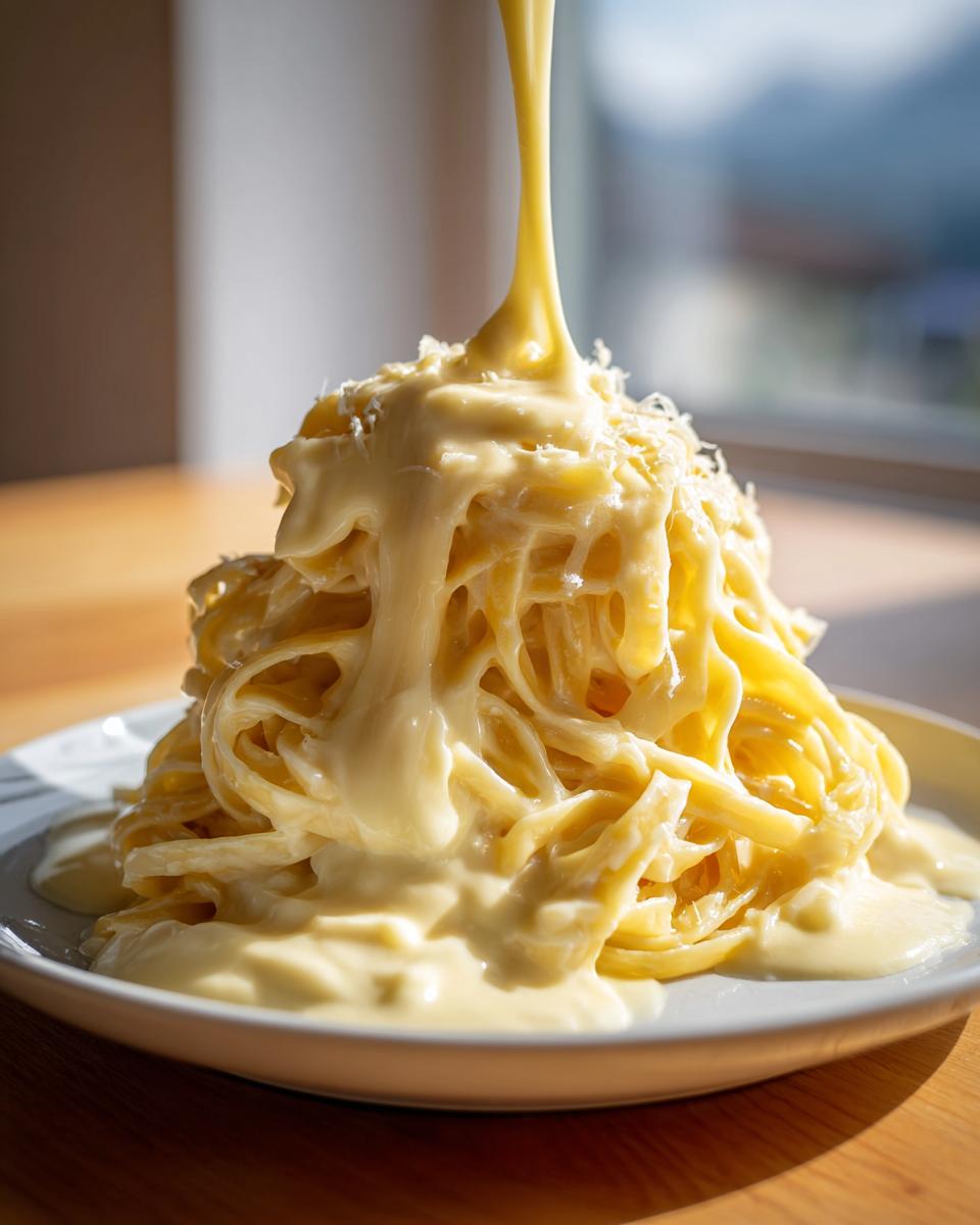 A tall mound of fettuccine pasta being generously covered with rich, creamy Olive Garden Alfredo Sauce being poured from above.