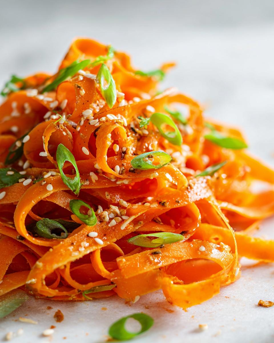 Close-up of a vibrant raw carrot salad made with shaved carrot ribbons, topped with sesame seeds and sliced green onions.