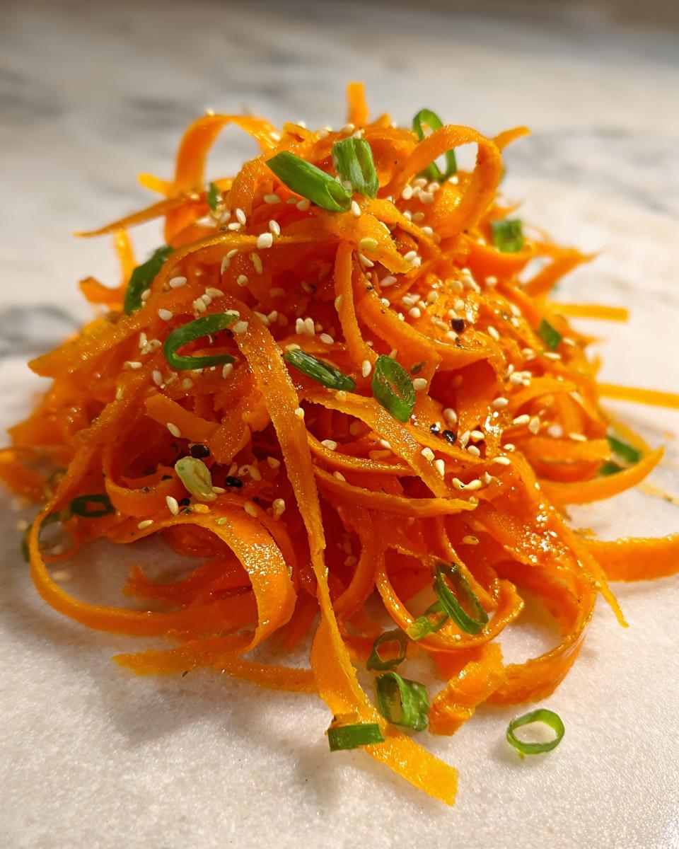 Close-up of a vibrant raw carrot salad made with shaved carrots, topped with sesame seeds and chopped green onions.