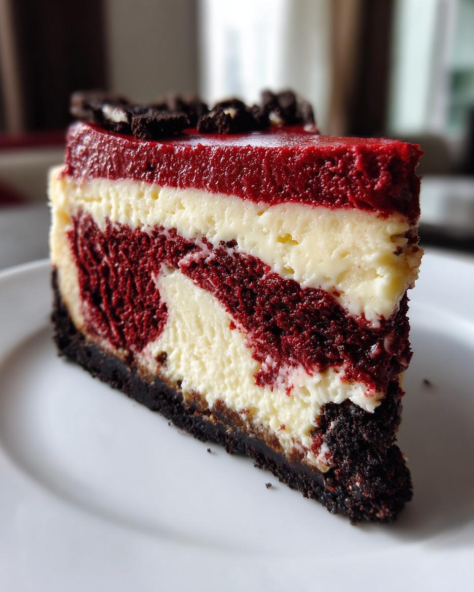 A close-up slice of marbled red velvet cheesecake on a white plate, topped with cookie crumbles.