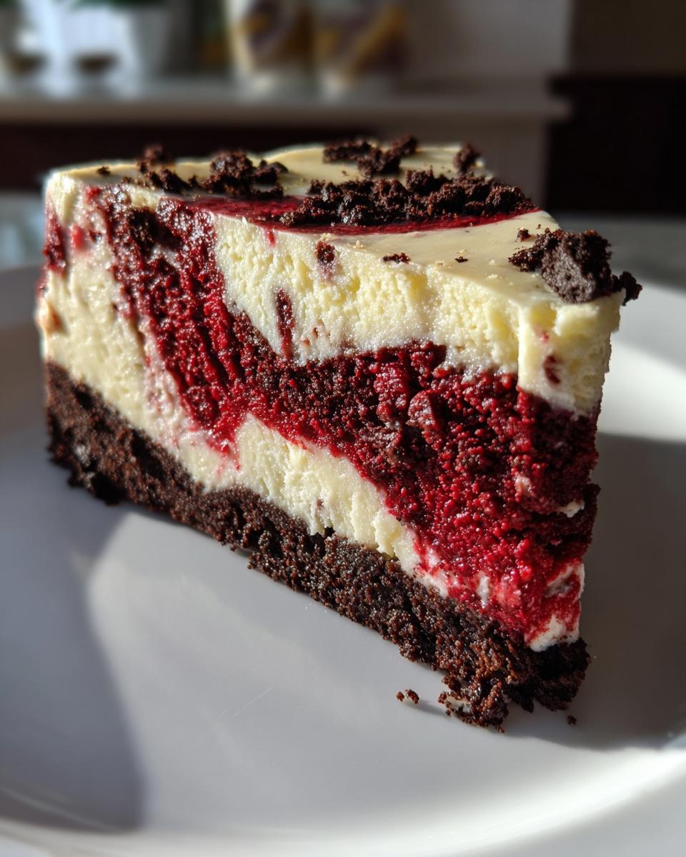 A perfect slice of red velvet cheesecake with white swirls and a dark chocolate crust, topped with crumbs.