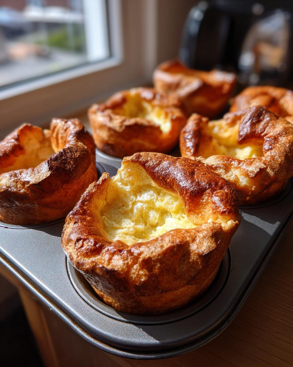 Close-up of several golden brown, perfectly risen Yorkshire pudding in a metal baking tray near a window.