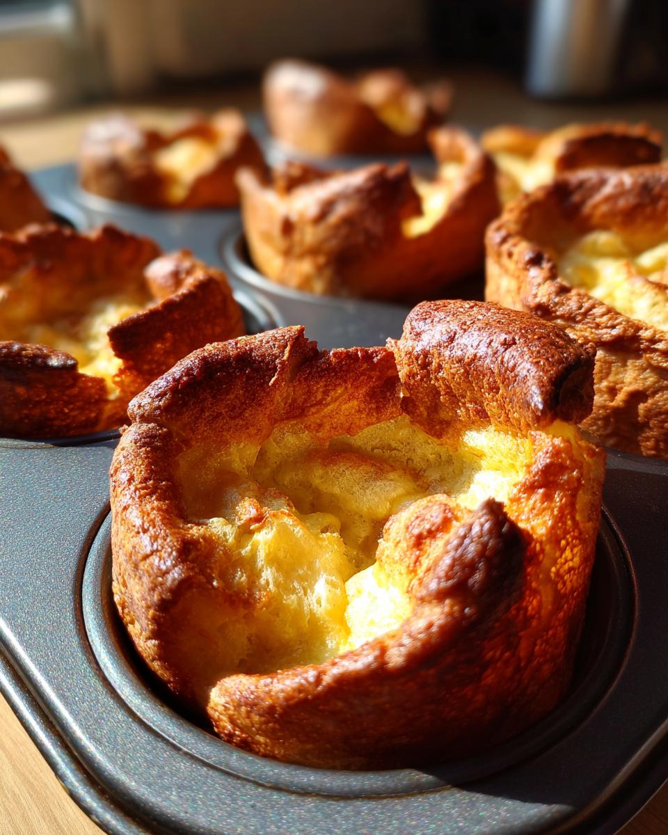 Close-up of several golden brown, perfectly risen Yorkshire pudding baked in a dark muffin tin.