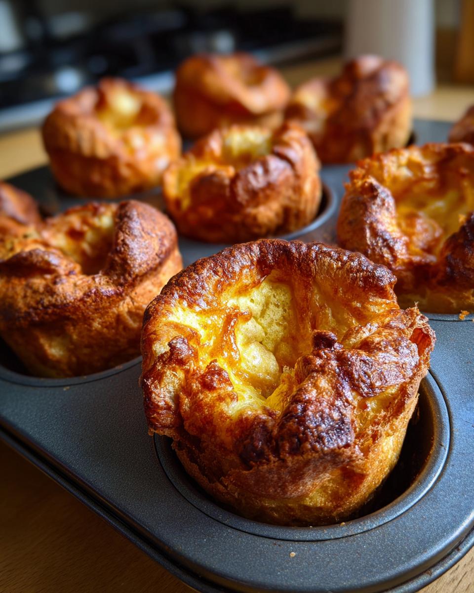 Close-up of several golden brown, perfectly risen Yorkshire pudding baked in a dark muffin tin.
