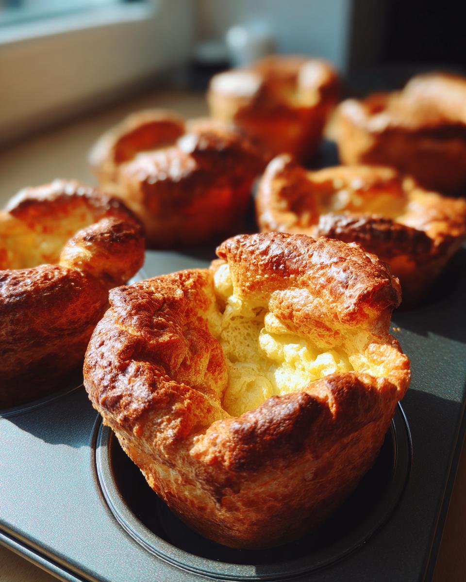 Close-up of a beautifully risen, golden brown Yorkshire pudding fresh from the muffin tin.