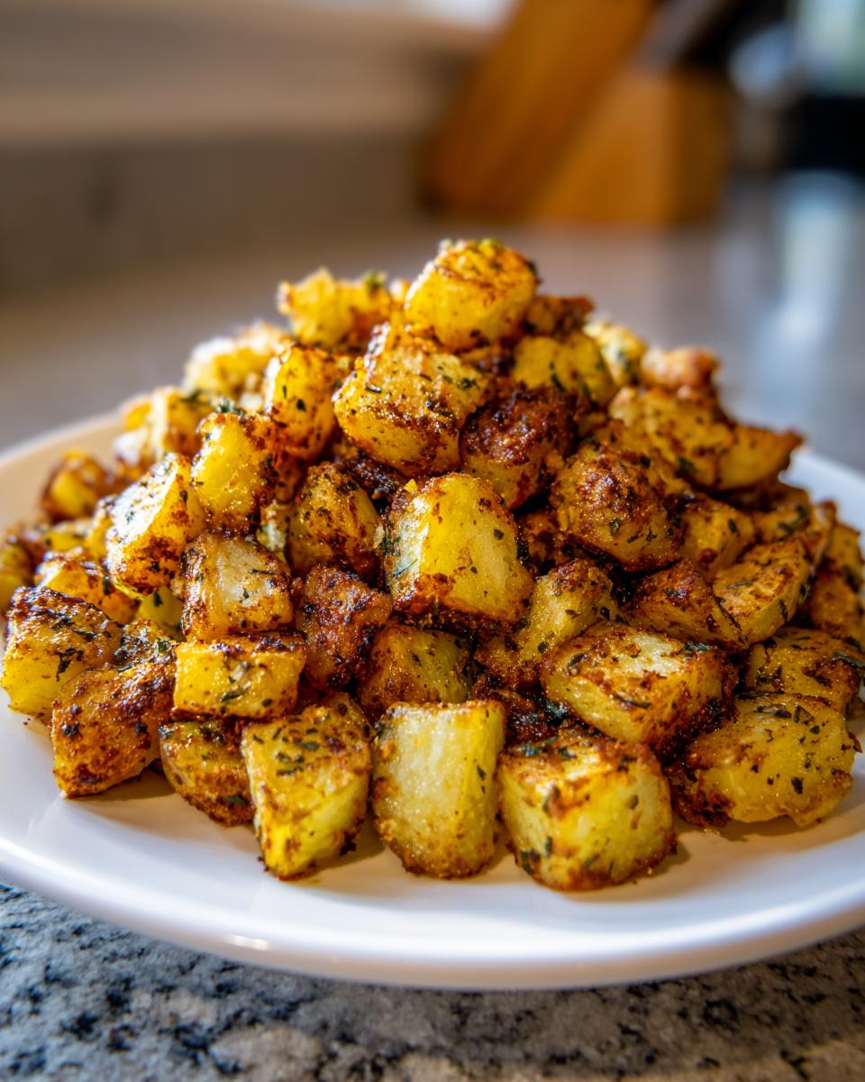 A close-up of a large pile of golden brown, crispy seasoned breakfast potatoes served on a white plate.