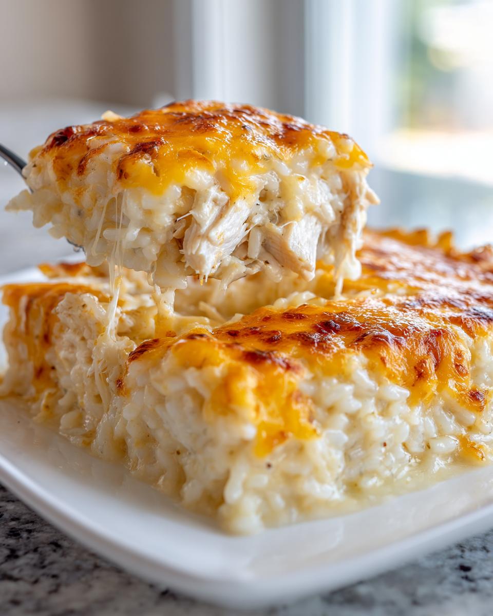 A spoonful of cheesy chicken and rice casserole is lifted, showing melted cheese strings, over the main dish.