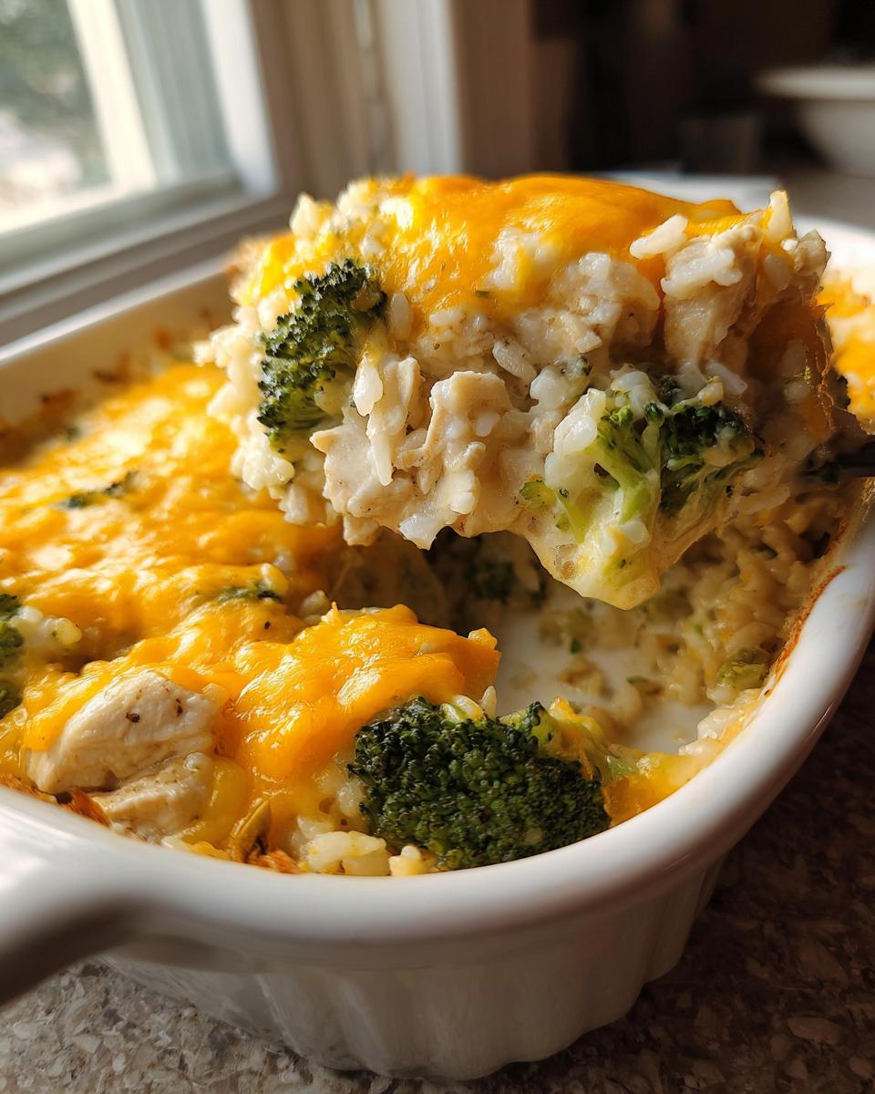 A spoonful of creamy chicken broccoli rice casserole topped with melted cheddar cheese being lifted from a white baking dish.