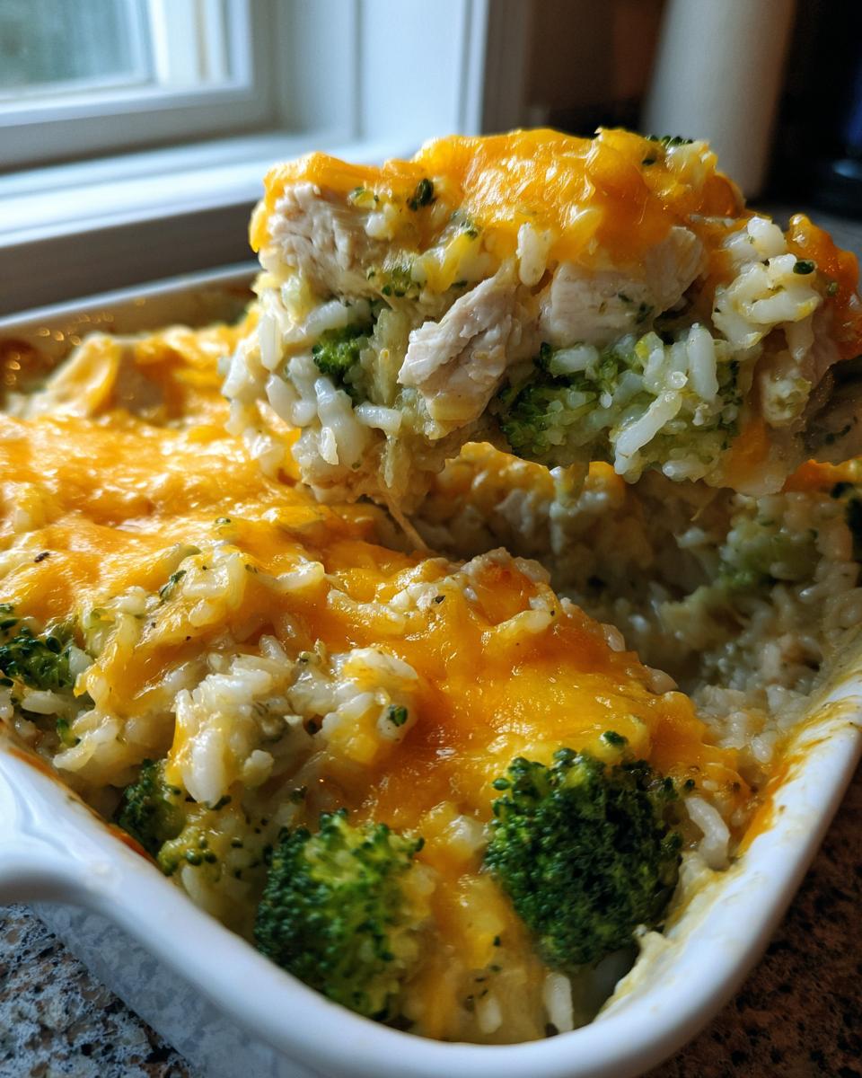 A spoonful of creamy chicken broccoli rice casserole topped with melted cheddar cheese being lifted from the baking dish.