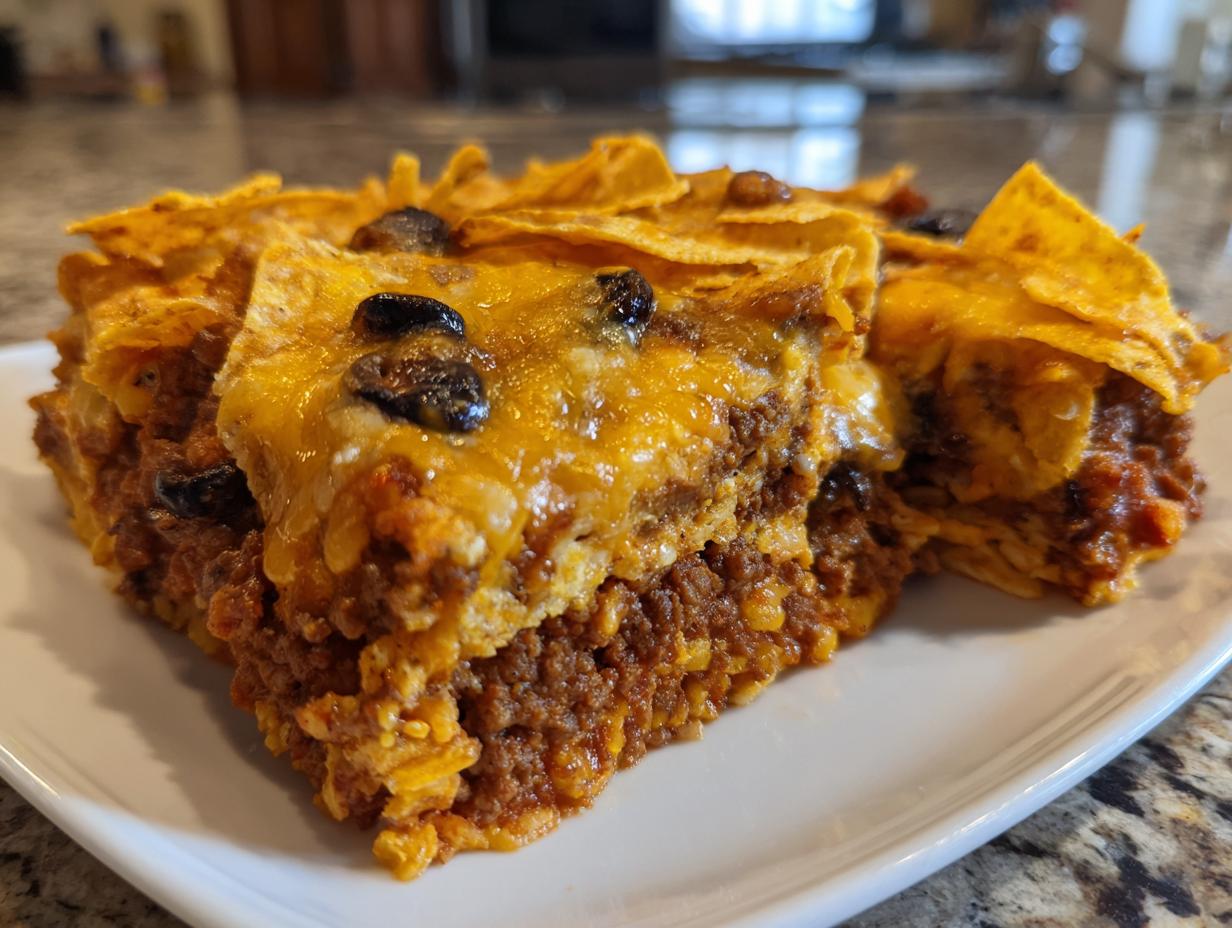 A close-up serving of Dorito Casserole featuring layers of seasoned meat, melted cheese, and topped with black olives.