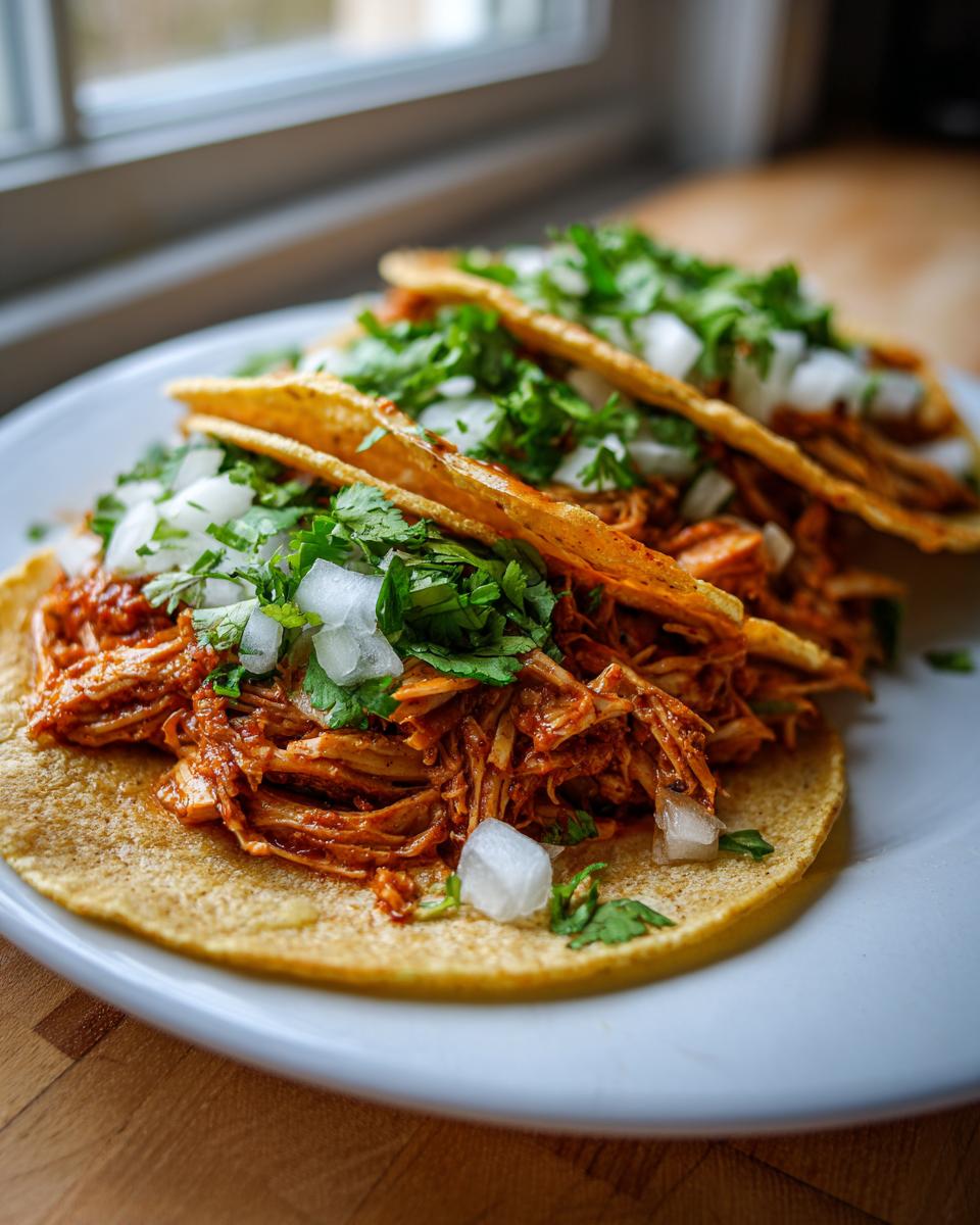 Close-up of three soft corn tortilla chicken tacos filled with shredded red chicken, diced white onion, and fresh cilantro.