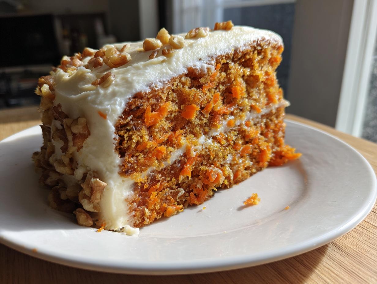A moist slice of carrot cake recipe layered with cream cheese frosting and topped with chopped walnuts.