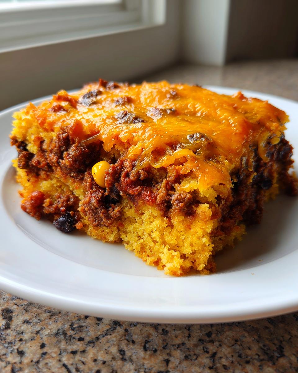 A close-up of a thick slice of cowboy cornbread casserole topped with melted cheddar cheese, showing layers of meat filling.
