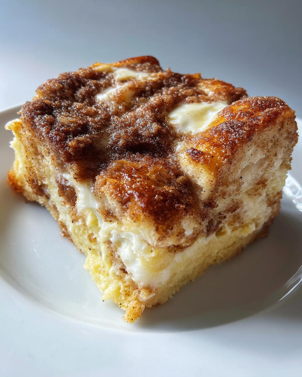 Close-up of a moist slice of french toast casserole featuring layers of bread, cream cheese filling, and a brown sugar cinnamon streusel topping.