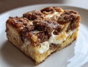 Close-up of a square slice of french toast casserole featuring layers of bread, cream cheese filling, and a cinnamon streusel topping.
